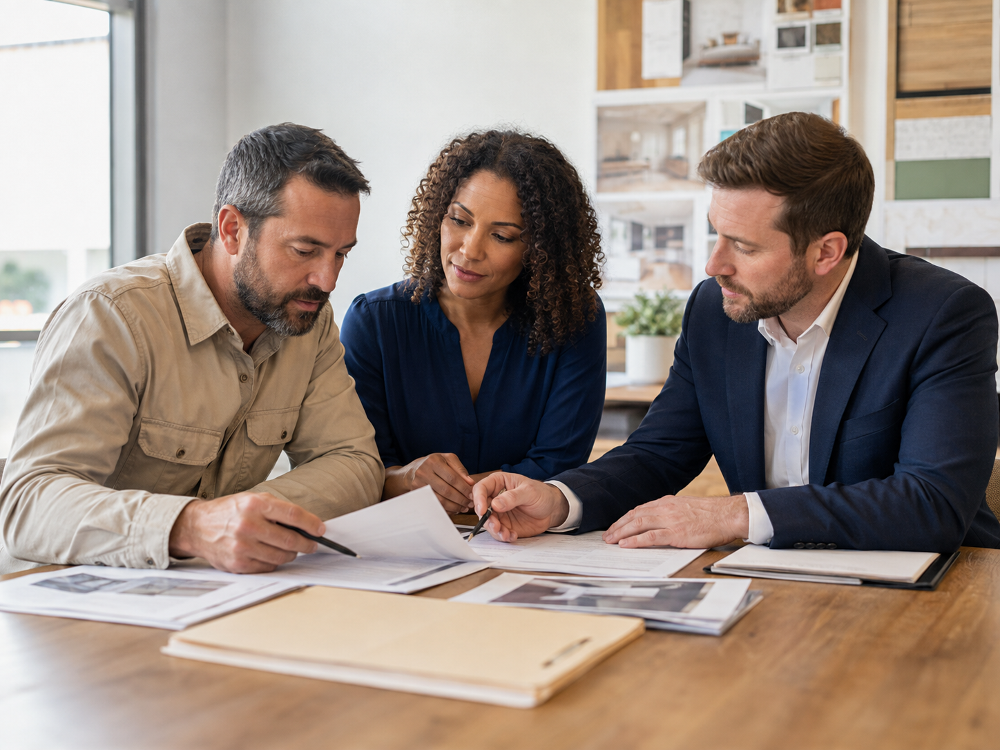 Professionals reviewing contractor credentials and a renovation agreement