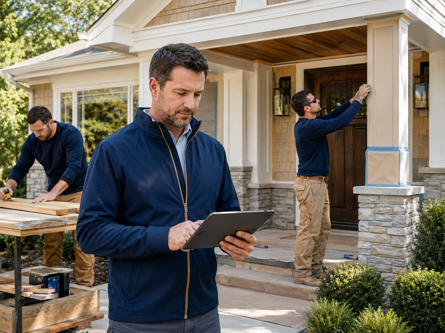 A project manager documenting progress while contractors work at a home